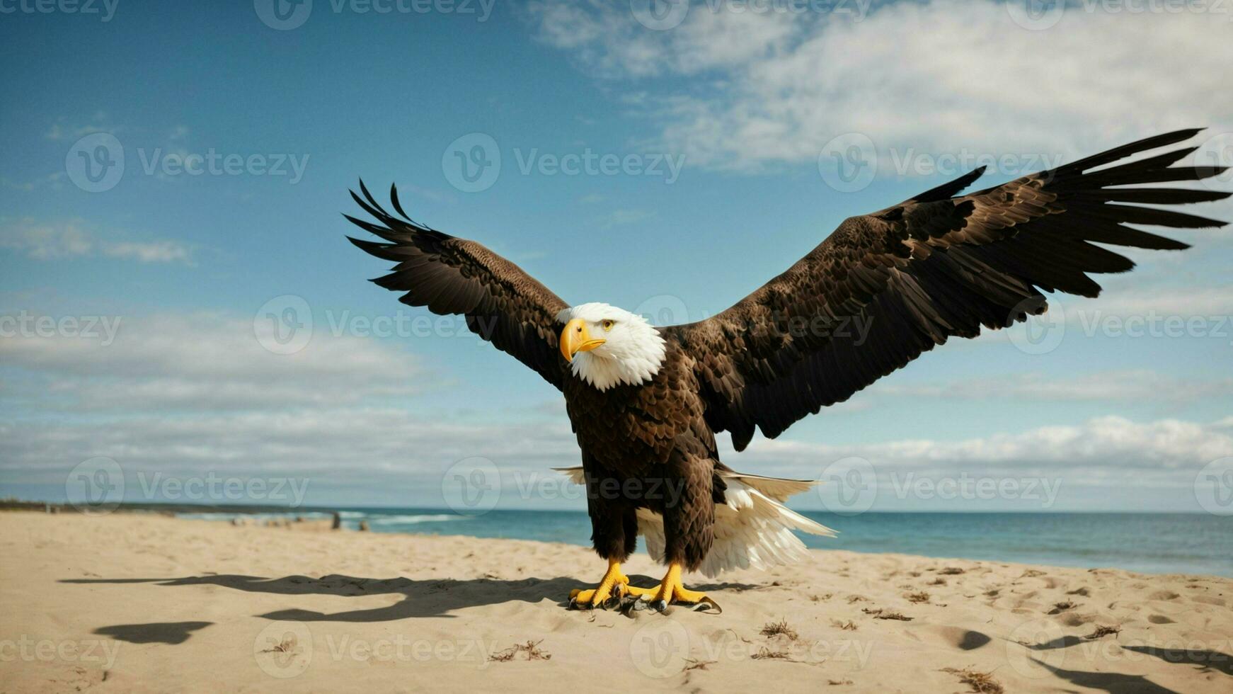 un' bellissimo estate giorno con blu cielo e un' solitario di Steller mare aquila al di sopra di il spiaggia ai generativo foto