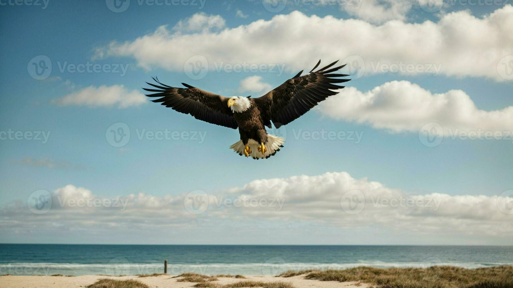 un' bellissimo estate giorno con blu cielo e un' solitario di Steller mare aquila al di sopra di il spiaggia ai generativo foto