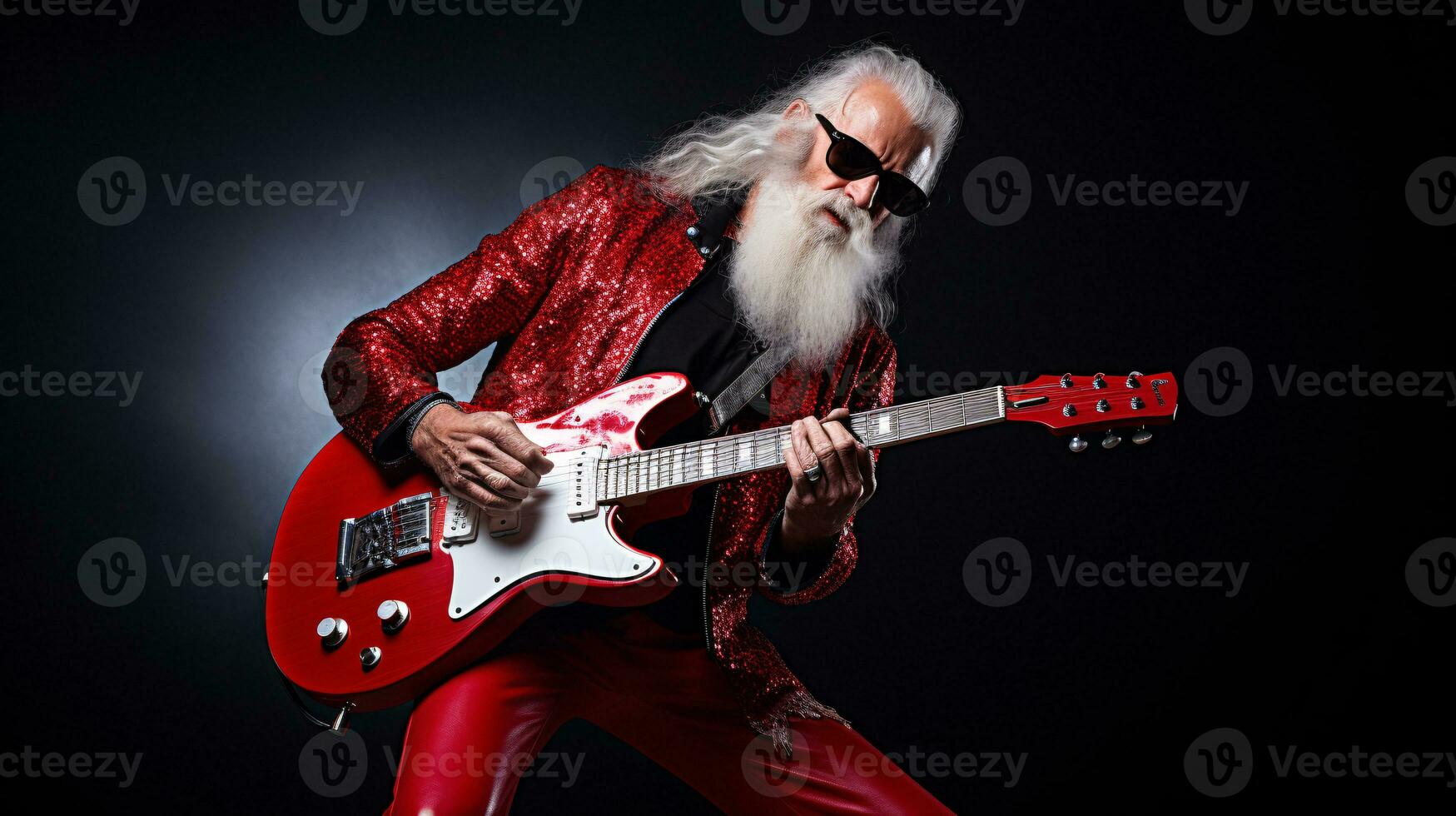 ai generativo freddo fricchettone Santa su basso chitarra a festa con occhiali da sole foto