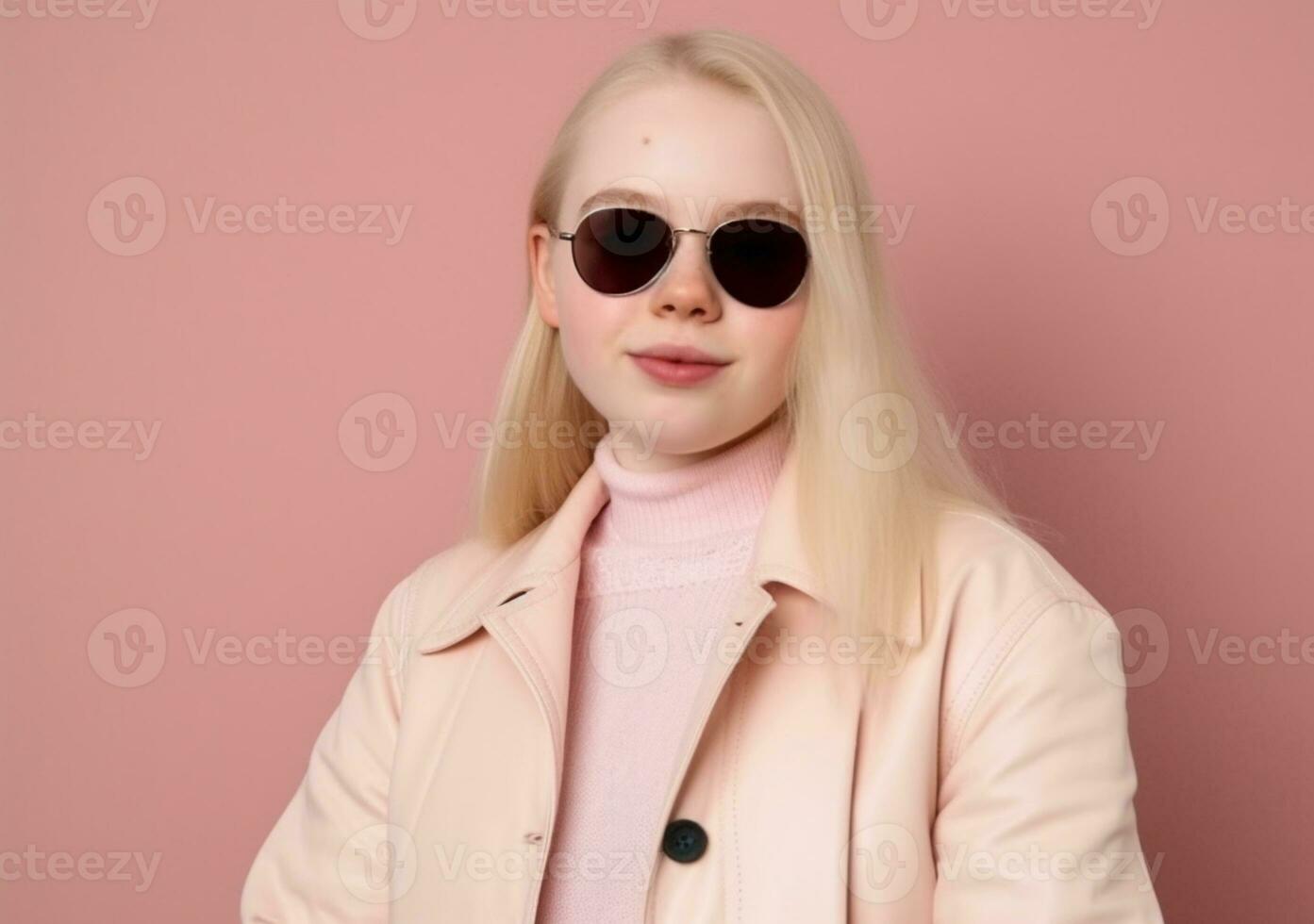 ritratto di bella bionda donna con lungo capelli nel occhiali da sole e cappotto su rosa sfondo. adolescente ragazza. ai generativo foto