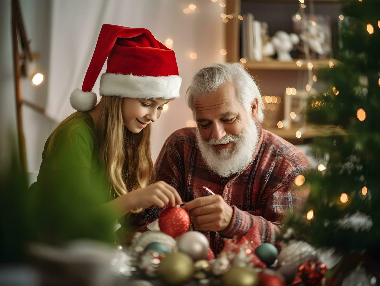 nonno e nipote decorato Natale albero insieme per nuovo anno celebrazione, ai generato foto