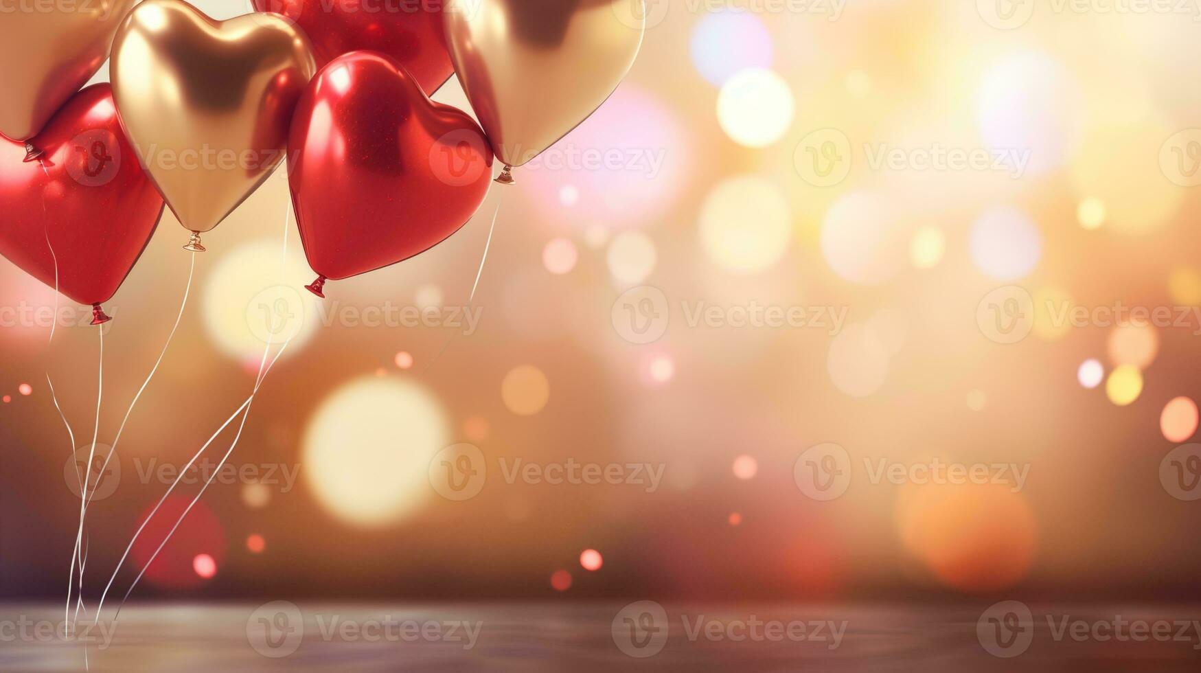 galleggiante rosso, rosa, e d'oro cuore palloncini con sfocato bokeh sfondo, compleanno, nozze invito, anniversario, san valentino, Natale celebrazioni e sfondo, con copia spazio, ai generativo foto