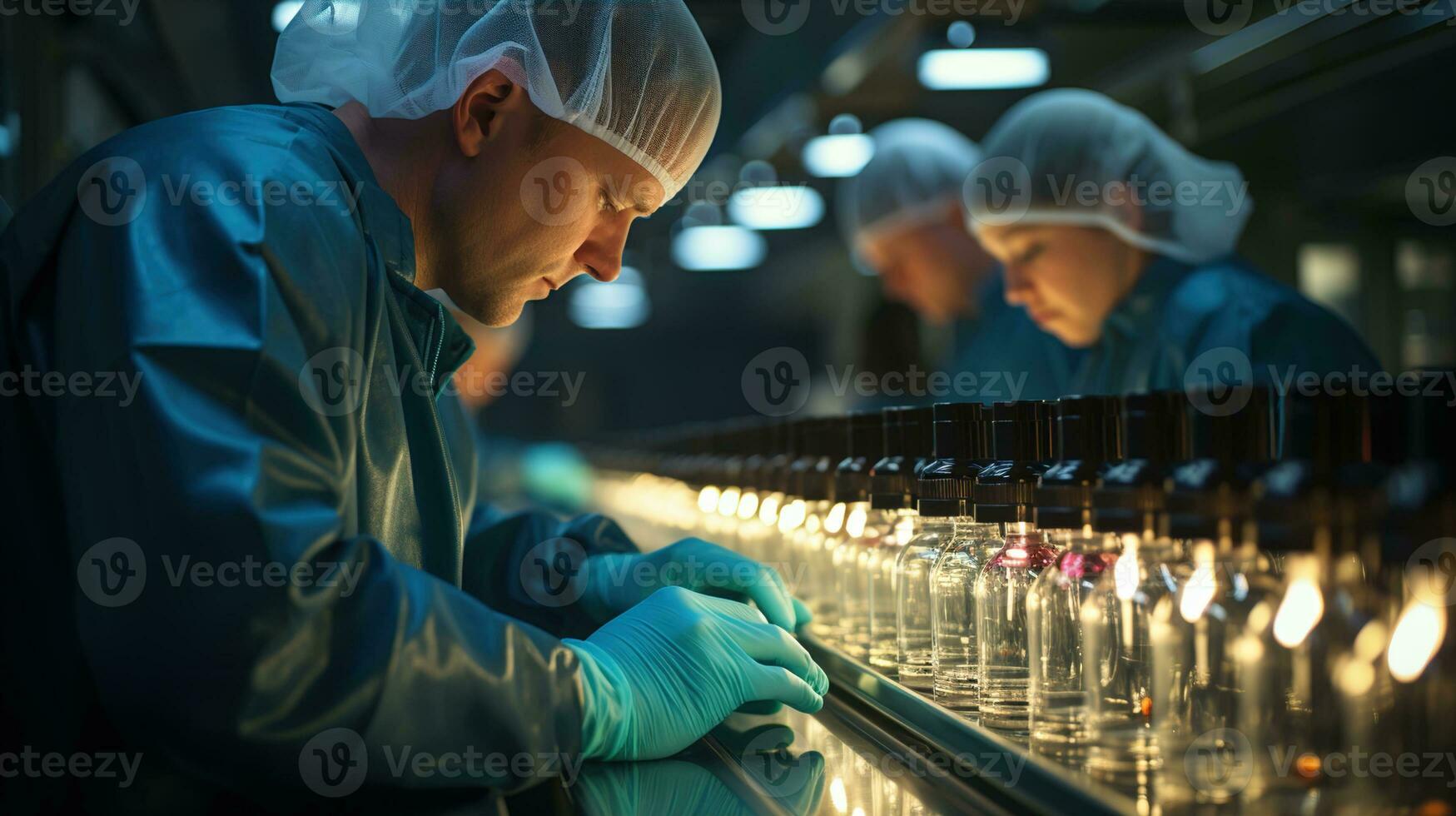 qualità controllo nel farmaceutico produzione, mano nel sanitario guanti controlli medico fiale su un' produzione linea a un' sterile farmaceutico fabbrica con un' farmaceutico macchina, ai generativo foto