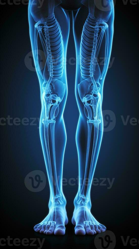 raggi X di gambe di un' maschio umano, blu tono radiografia su un' nero sfondo, ai generativo foto