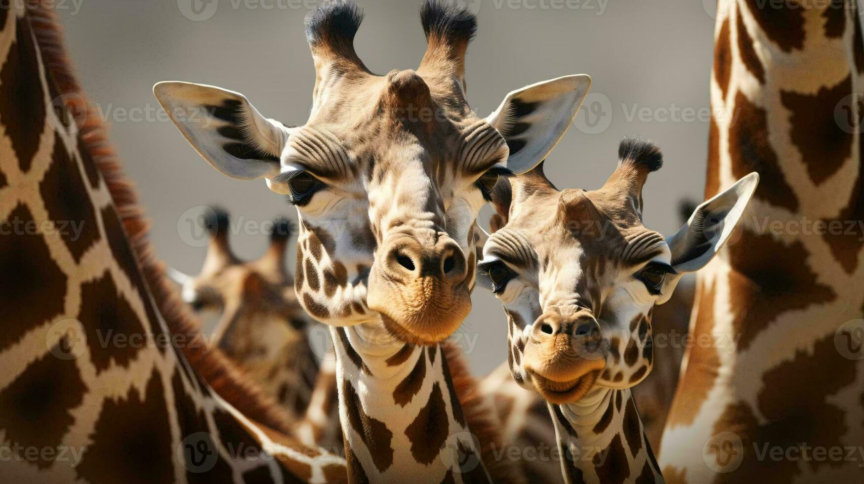 un' gruppo di giraffe In piedi Il prossimo per ogni altro ai generato foto