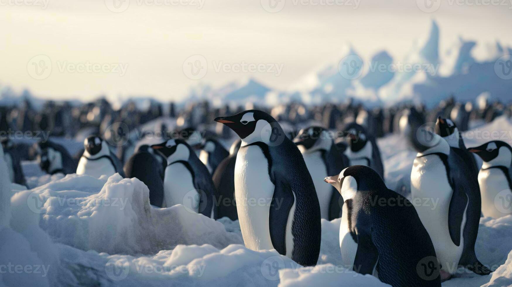 un' gruppo di pinguini su un' nevoso superficie ai generato foto