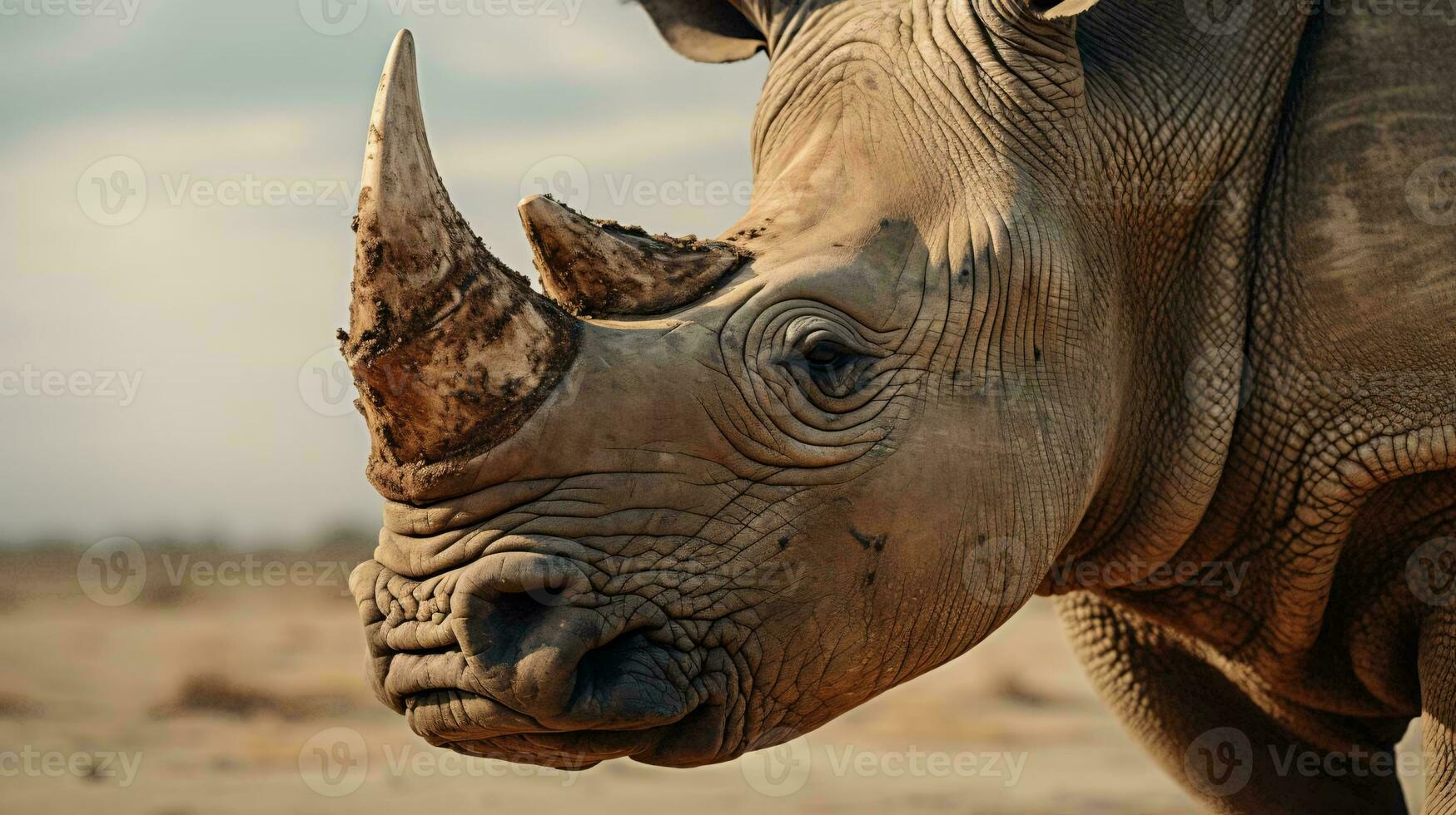 un' vicino su di un' rinoceronte ai generato foto