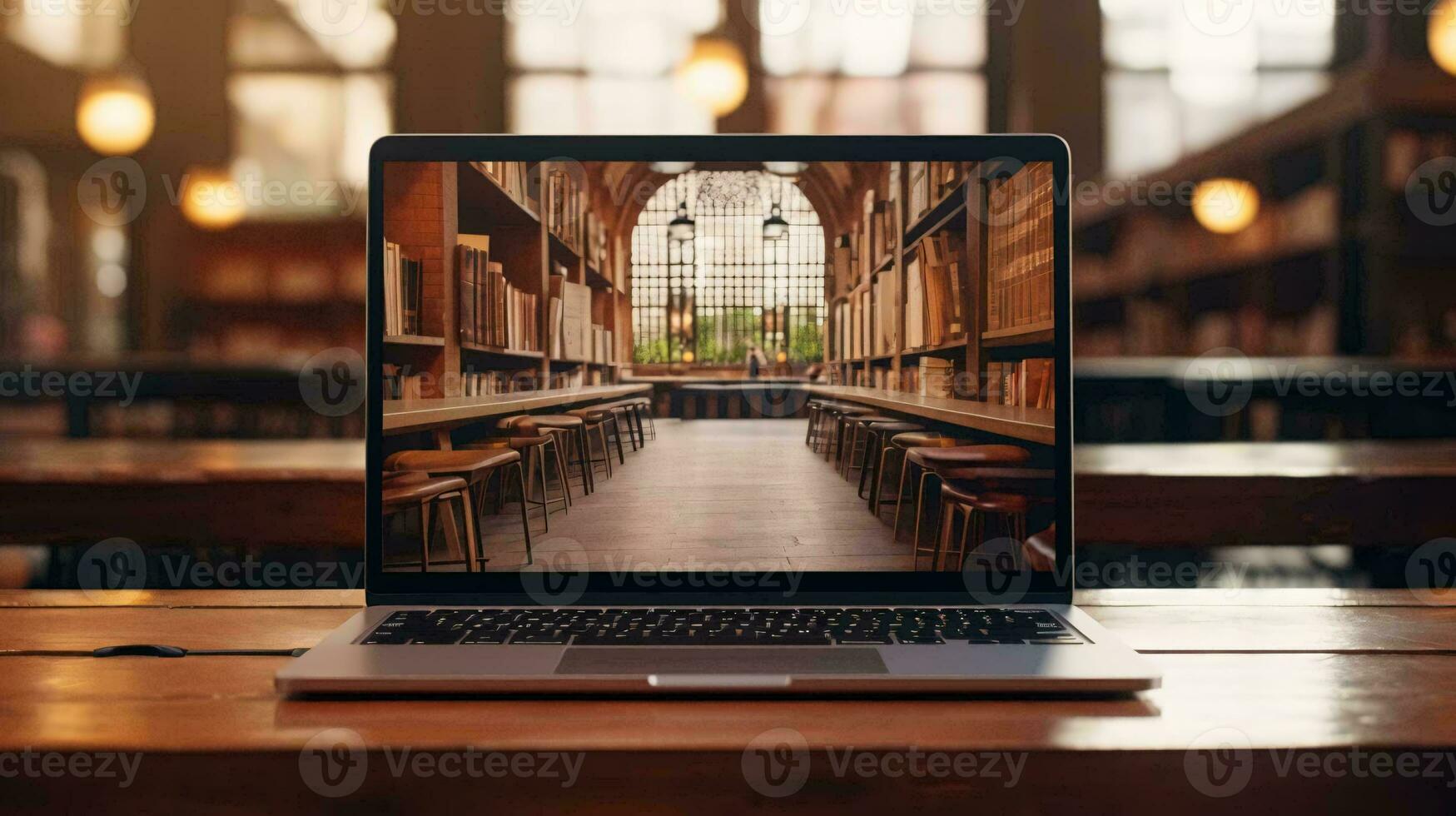 un' il computer portatile su un' tavolo nel un' biblioteca ai generato foto