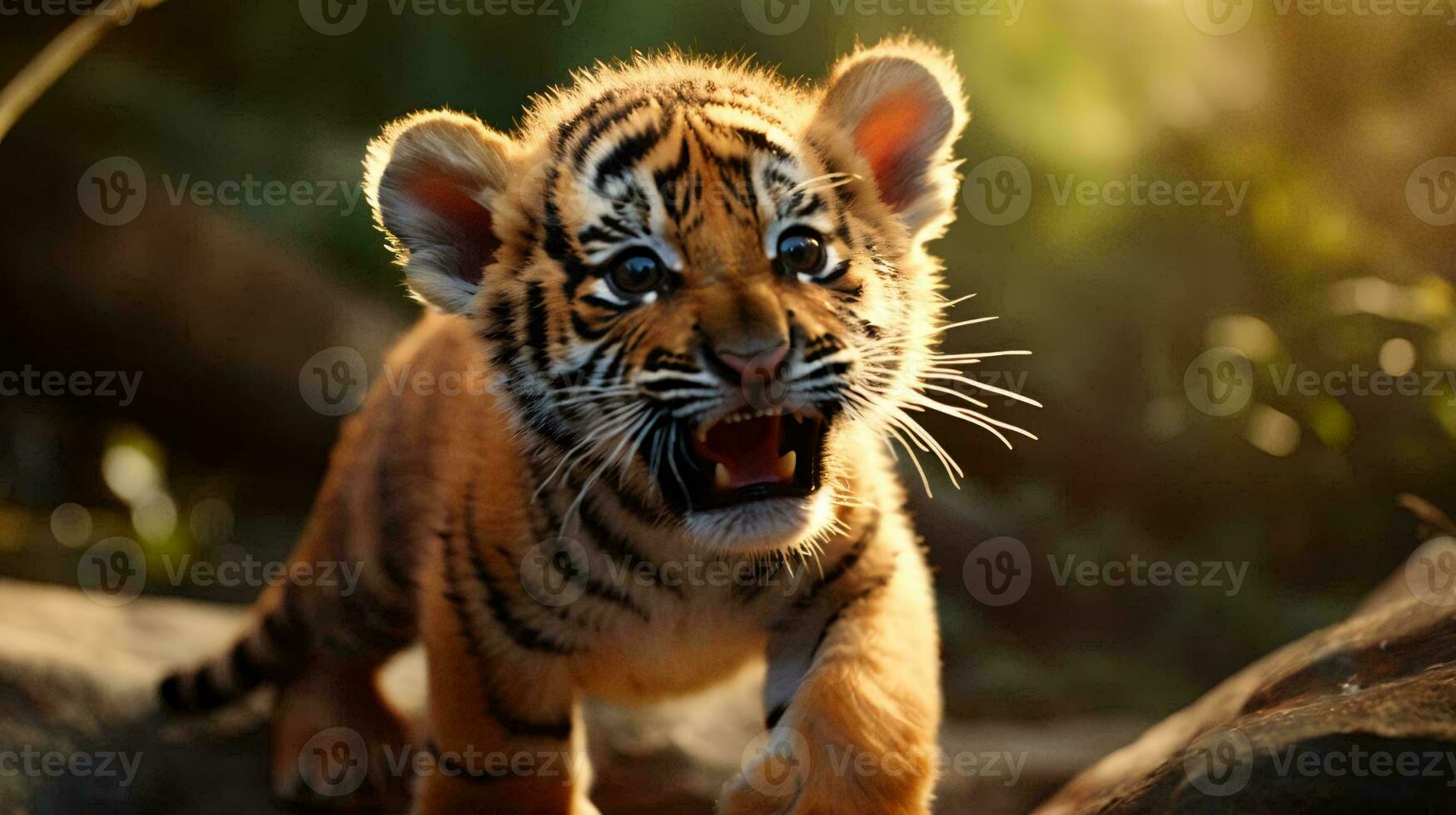 un' bambino tigre in esecuzione ai generato foto