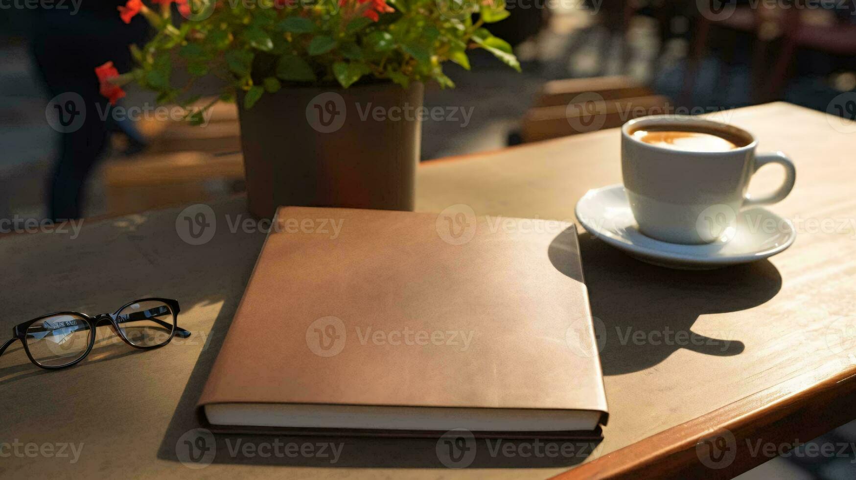 un' tazza di caffè e un' libro su un' tavolo ai generato foto