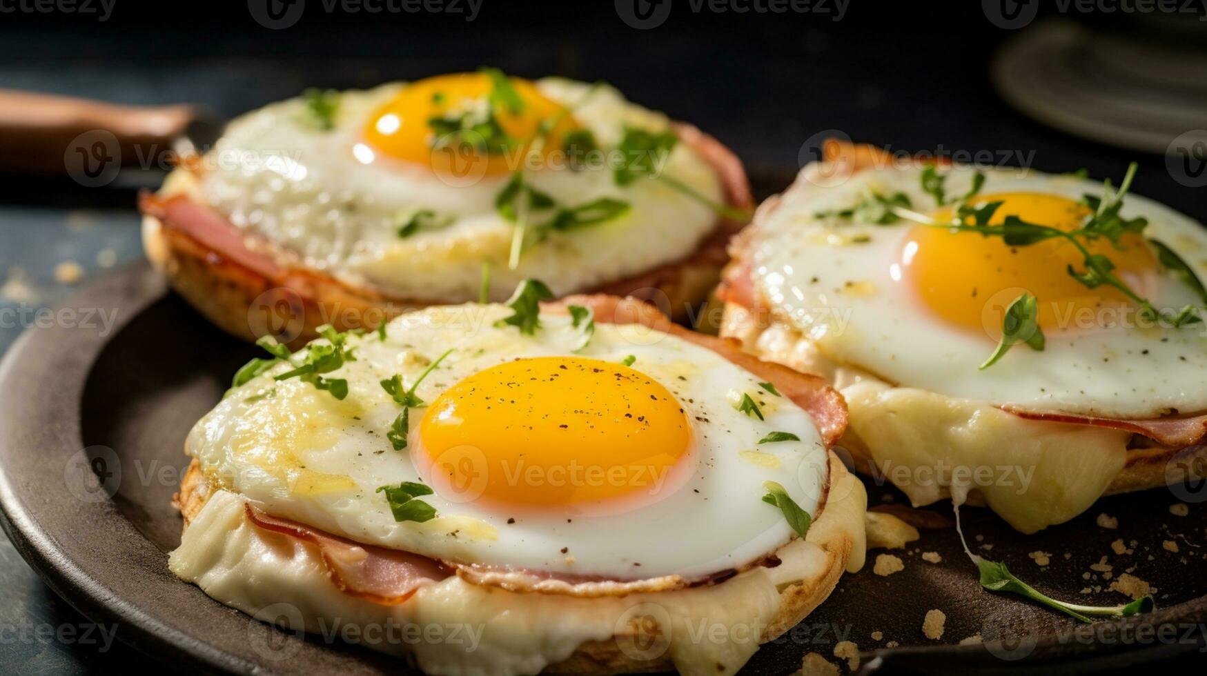 ai generativo di croque madame inglese focaccina è un' delizioso piatto. è un' tostato focaccina sormontato con prosciutto, cremoso besciamella salsa, un' fritte uovo, e fuso formaggio, la creazione di un' salato e indulgente pasto. foto