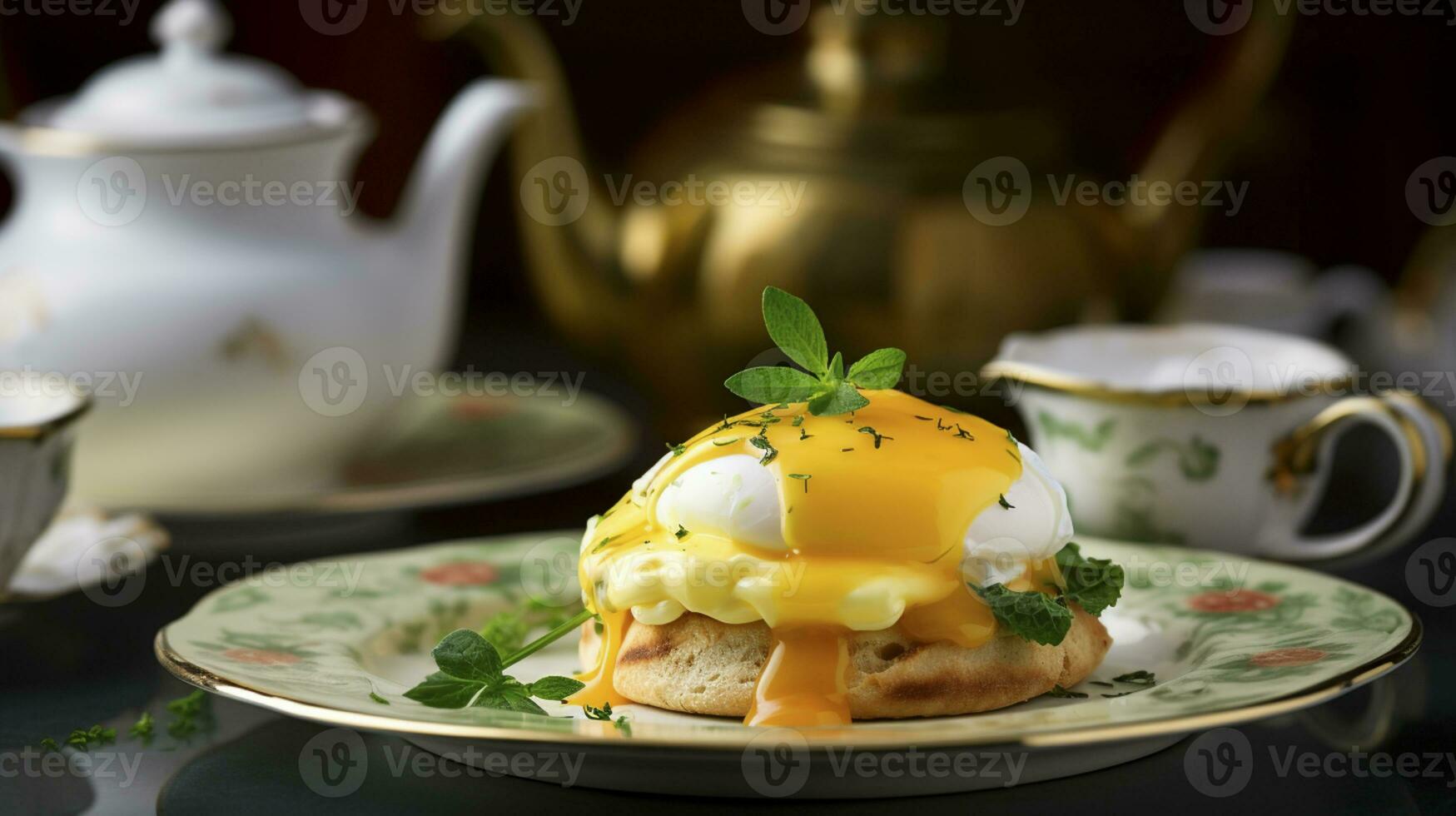 ai generativo di un uova benedetto inglese focaccina è un' classico prima colazione piatto. esso consiste di un' tostato focaccina sormontato con in camicia uova, canadese Bacon, e cremoso Olandese salsa foto