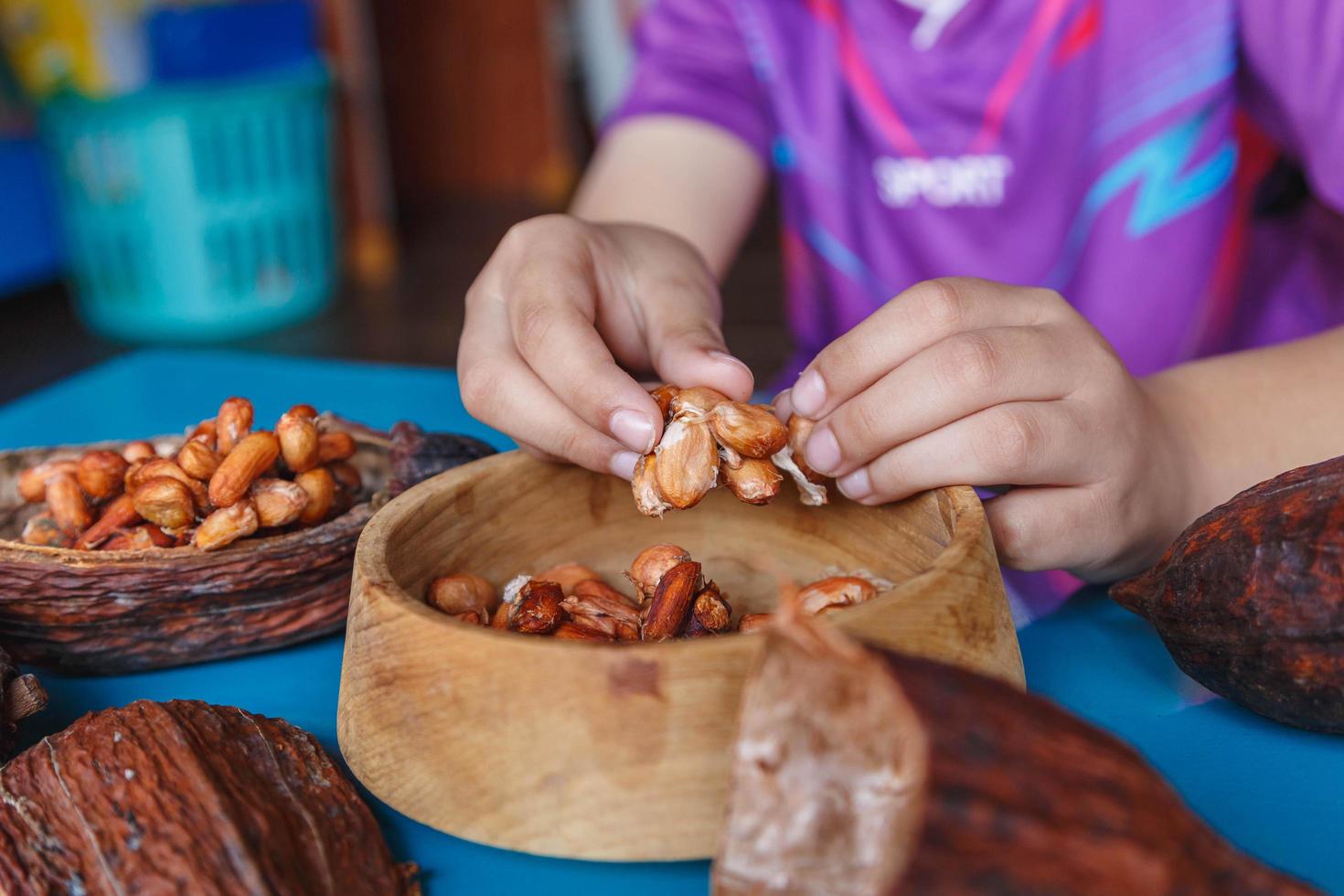 ispezionare le fave di cacao per l'ordinamento foto