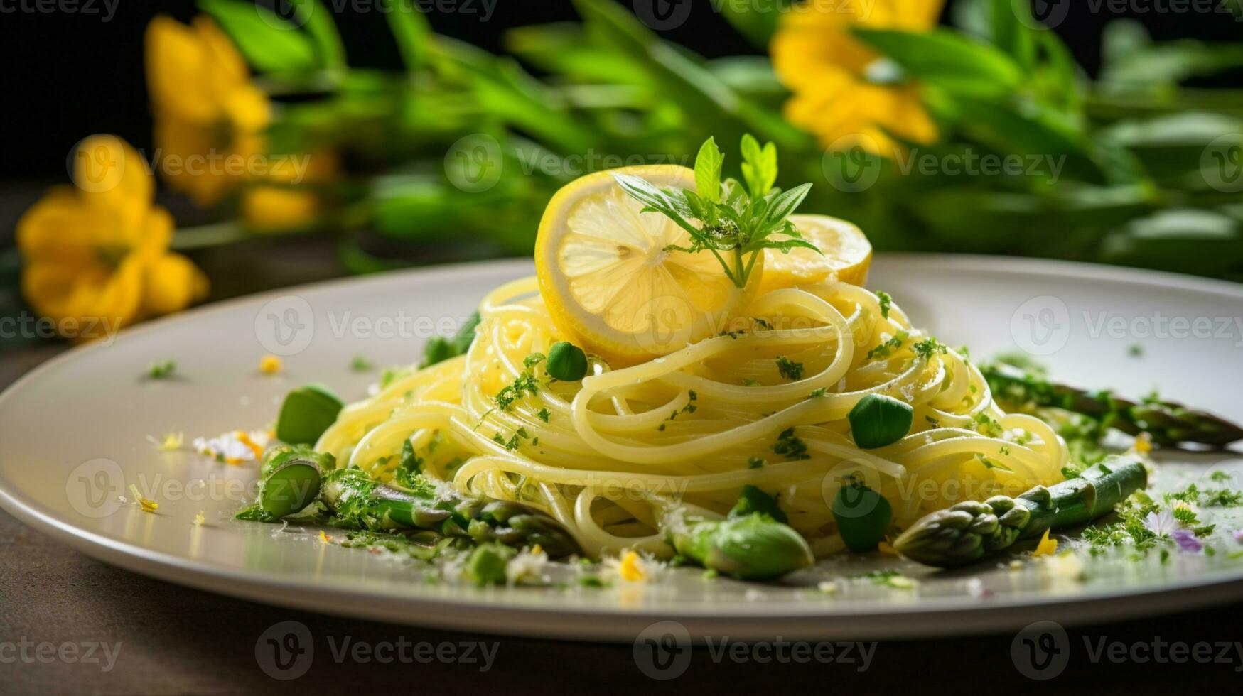 ai generativo di spaghetti al limone con asparago, combina piccante infuso al limone salsa con tenero asparago foto