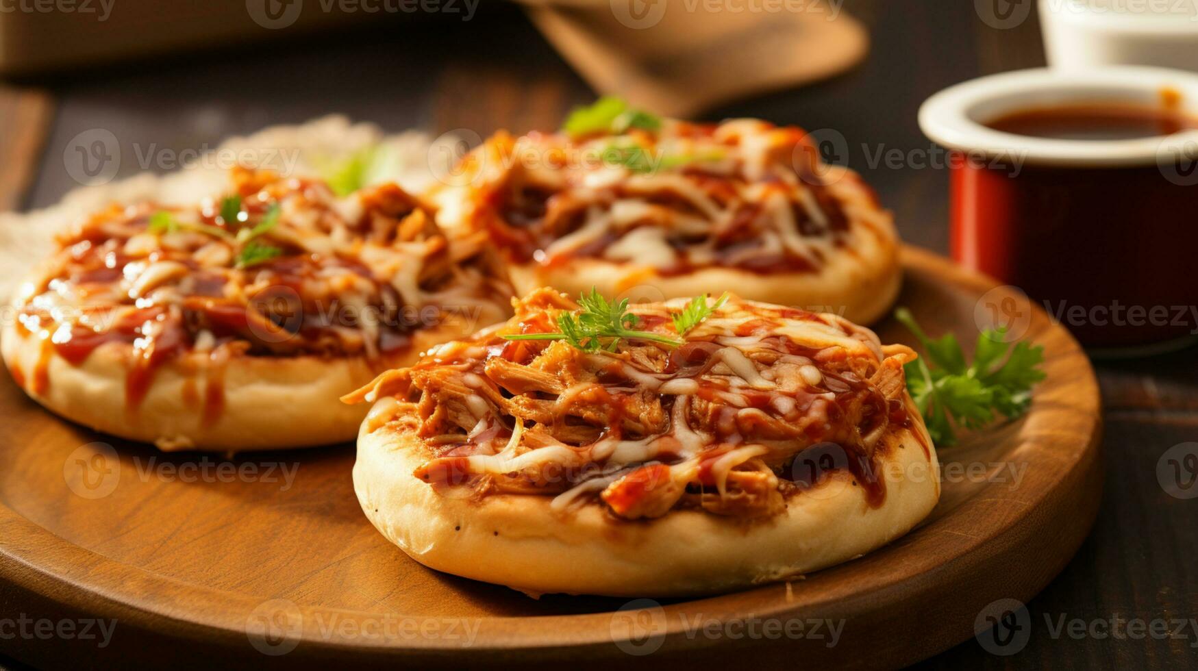 ai generativo di un inglese focaccina bbq pollo Pizza vanta un' tostato base sormontato con piccante barbecue salsa, tenero pollo pezzi, e fuso formaggio. un' gustoso e Presto merenda o pasto. foto