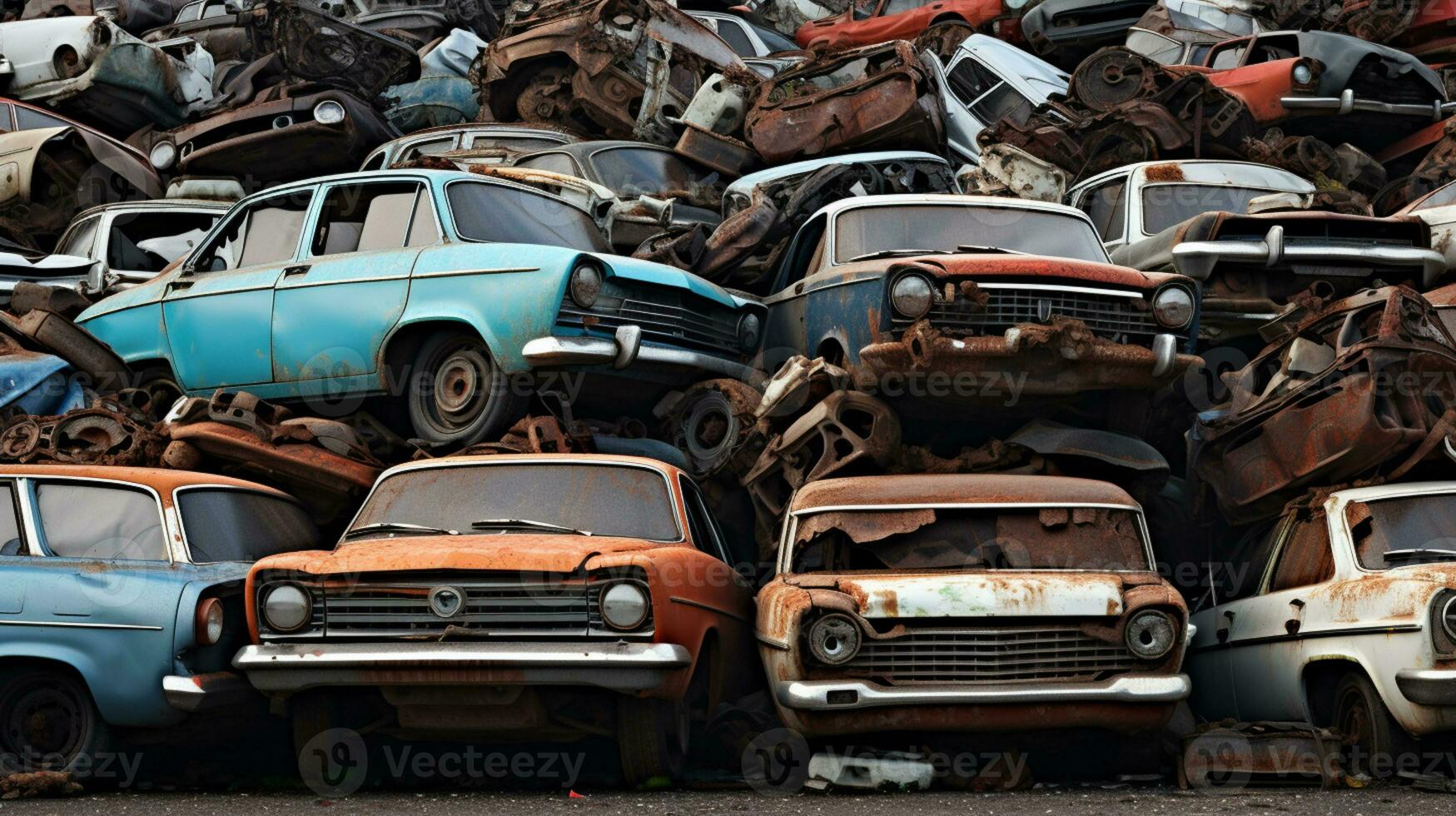 ai generativo di ammucchiati distrutto macchine nel un' discarica, contorto metallo, distrutto bicchiere, arrugginito cornici, un' cimitero di settore automobilistico storia. foto