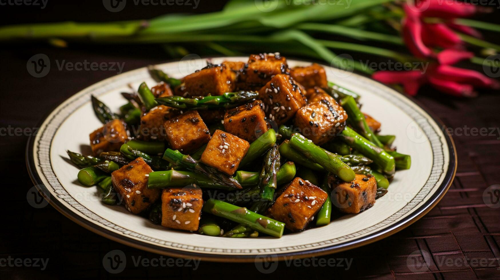 ai generativo di nero Pepe tofu con asparago, croccante tofu cubi gettato nel fragrante nero Pepe con asparago. foto