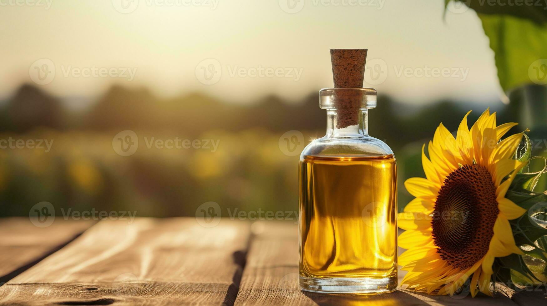 biologico girasole olio nel un' piccolo bicchiere vaso con girasole fresco fiori su il tavolo foto