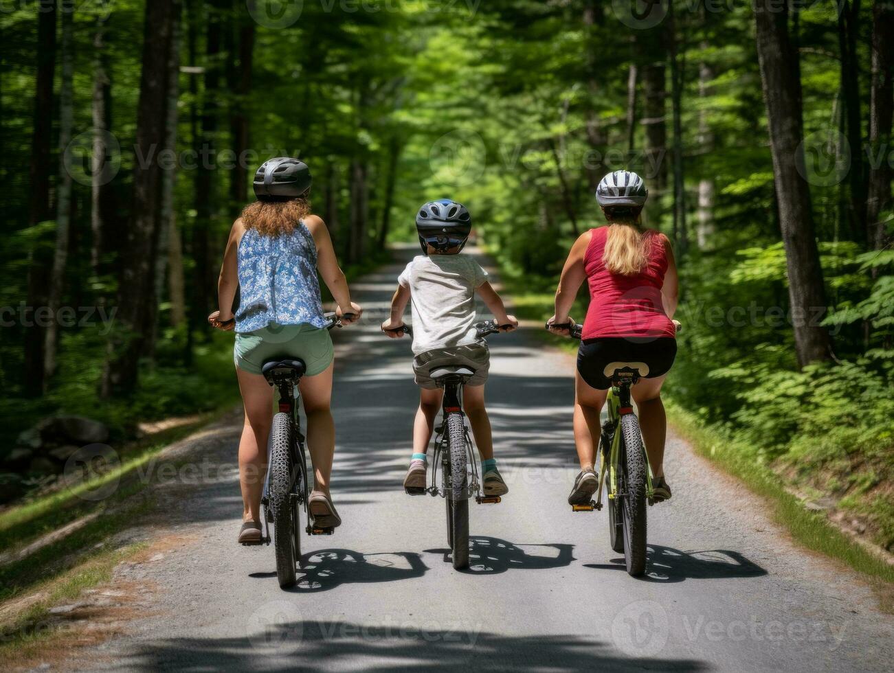 famiglia su Bici su un' foresta bicicletta sentiero ai generativo foto