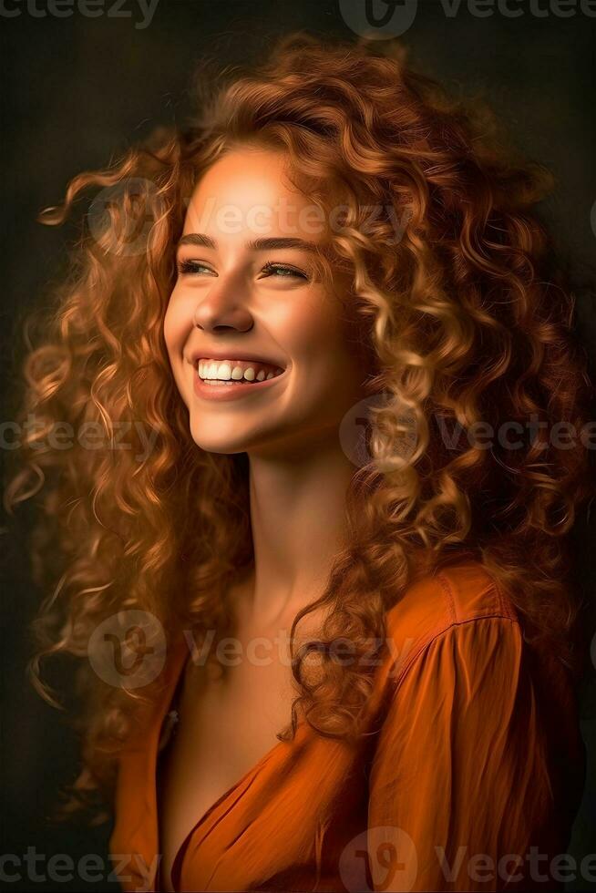 divertente ritratto di un' luminosa positivo sorridente europeo donna, avvicinamento, naturale studio foto, caldo filtro, ai generativo arte foto
