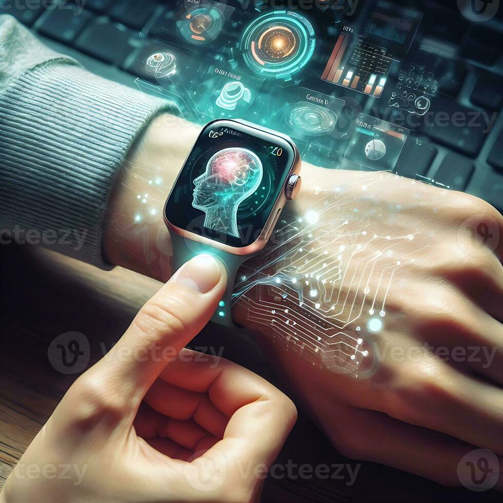 futuristico design con ai motorizzato mano tenuto smartwatches ai generativo foto