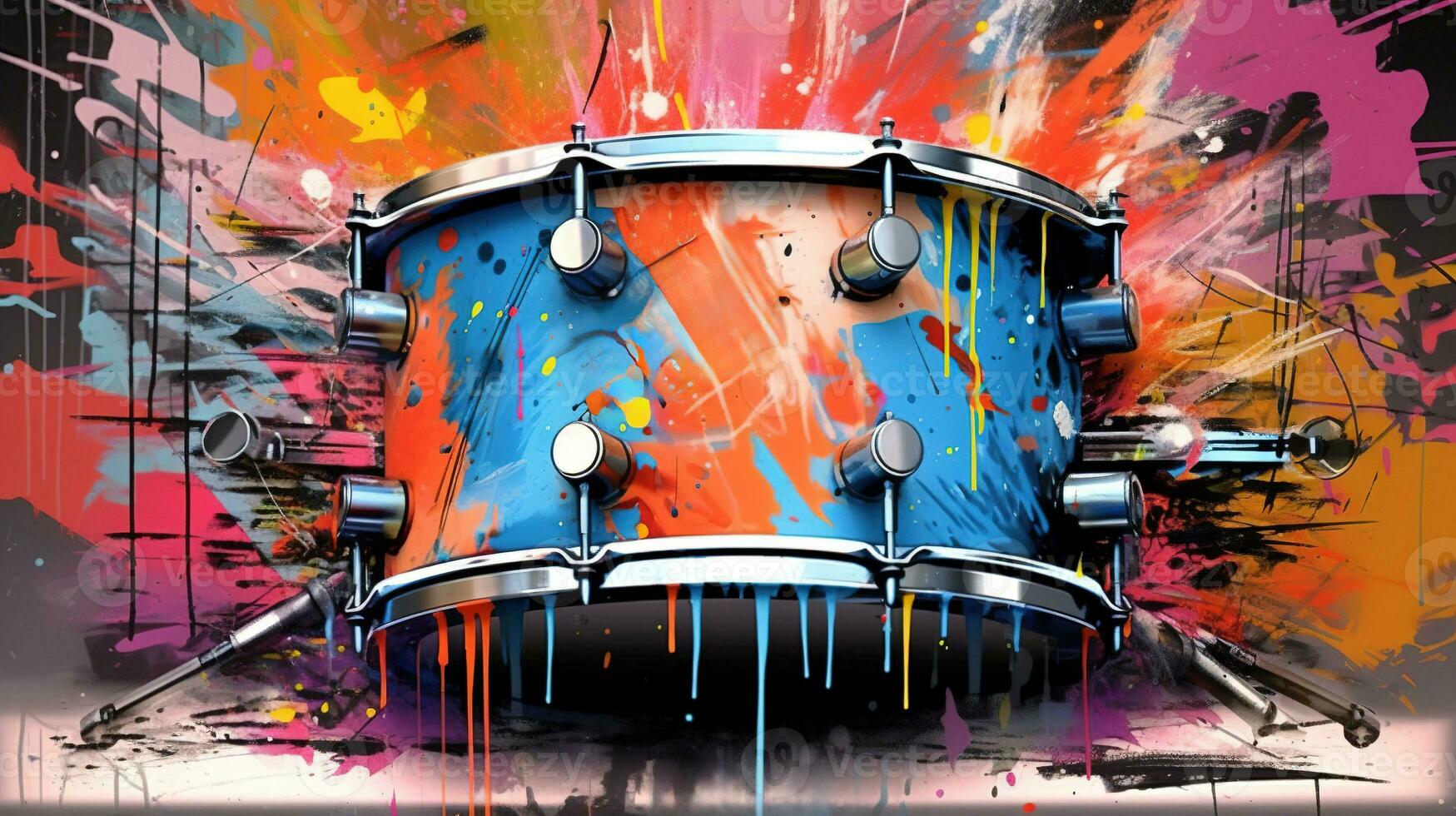 generativo ai, jazz musica strada arte con batteria musicale strumento silhouette. inchiostro colorato graffiti arte su un' strutturato parete, tela sfondo. foto