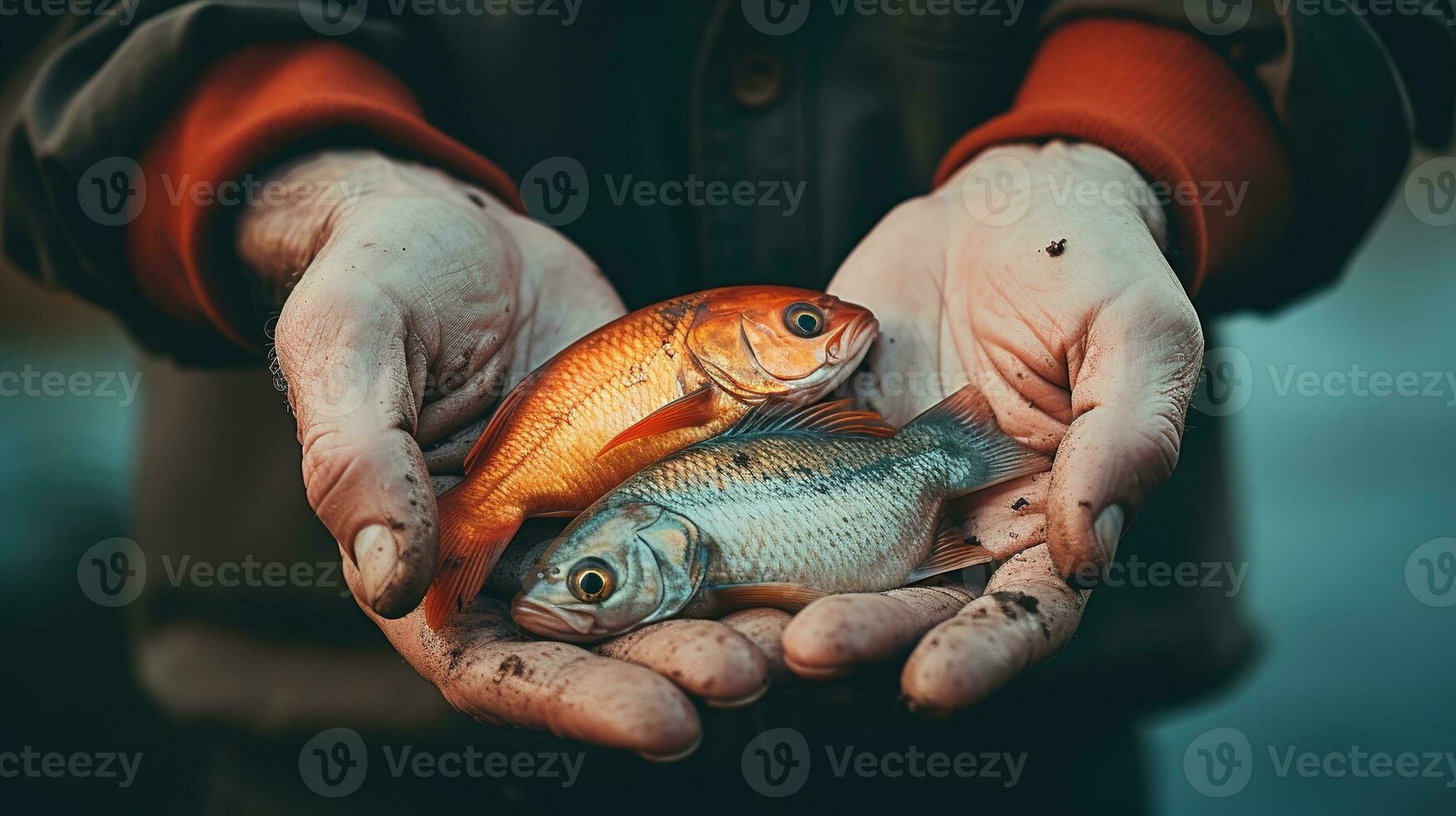 generativo ai, pesca con canne su autunno paesaggio vicino il fiume, pescatore con Filatura, smorzato colori foto