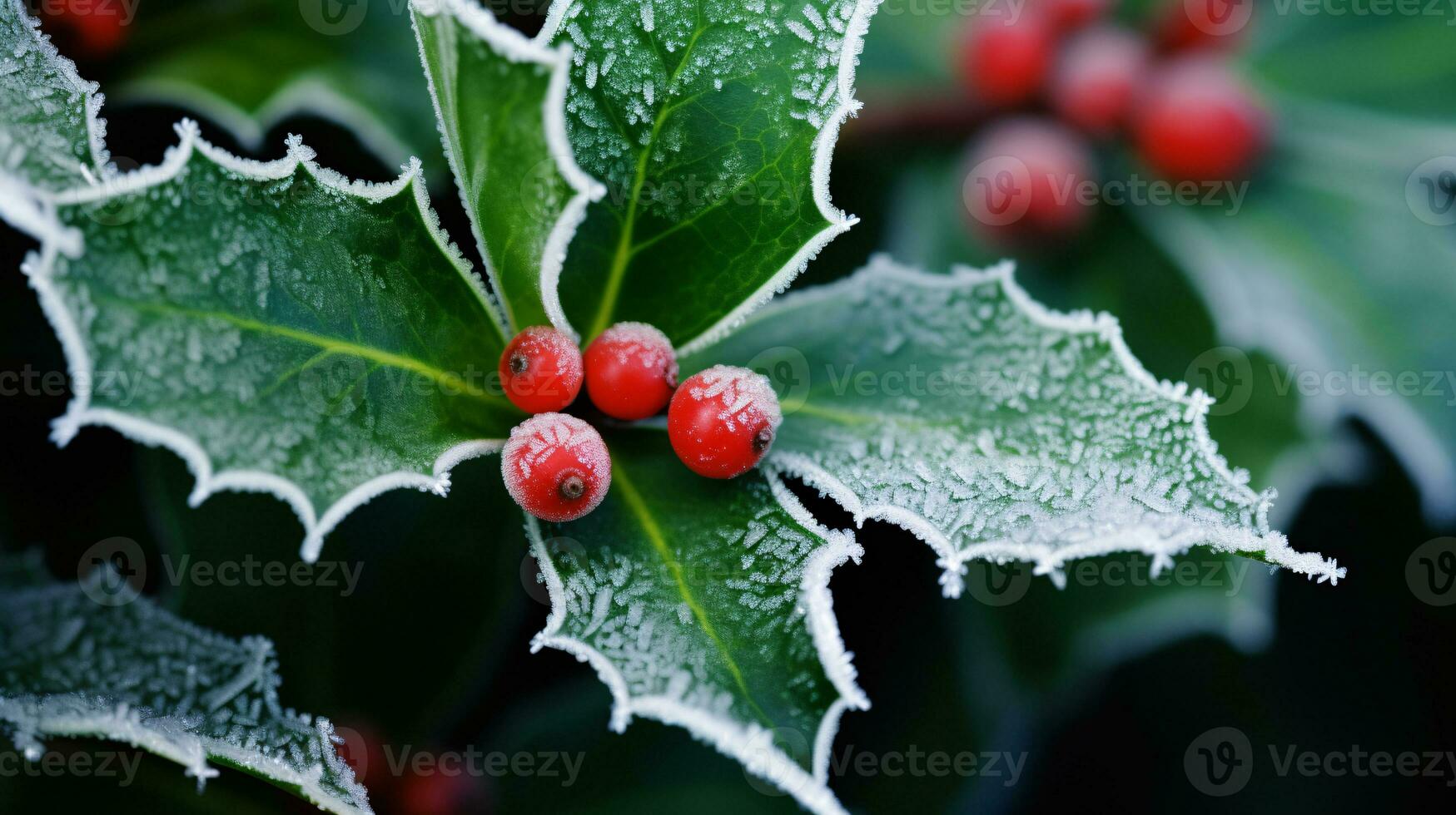 ai generativo vicino su di croccante agrifoglio le foglie con ghiaccio e rosso bacca foto