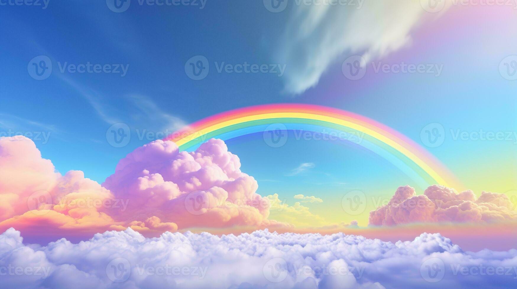 generativo ai, bianca fantastico nuvole, cielo e paesaggio con colorato arcobaleno. dolce colori e con luminosa luci. foto