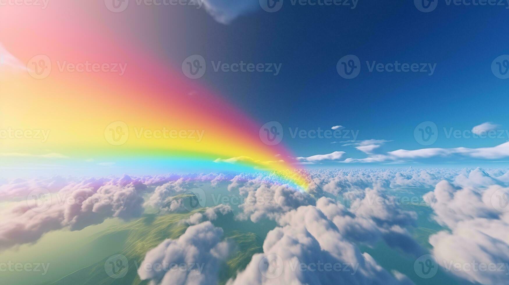 generativo ai, bianca fantastico nuvole, cielo e paesaggio con colorato arcobaleno. dolce colori e con luminosa luci. foto