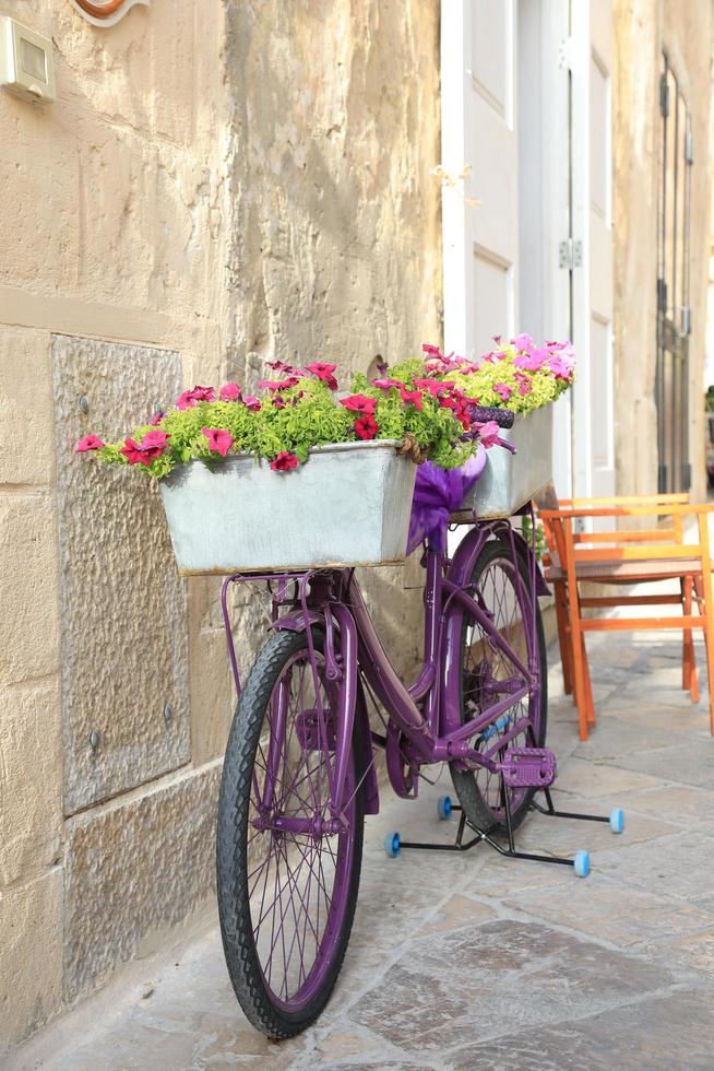 bellissimo vaso di fiori in bicicletta a matera italia foto