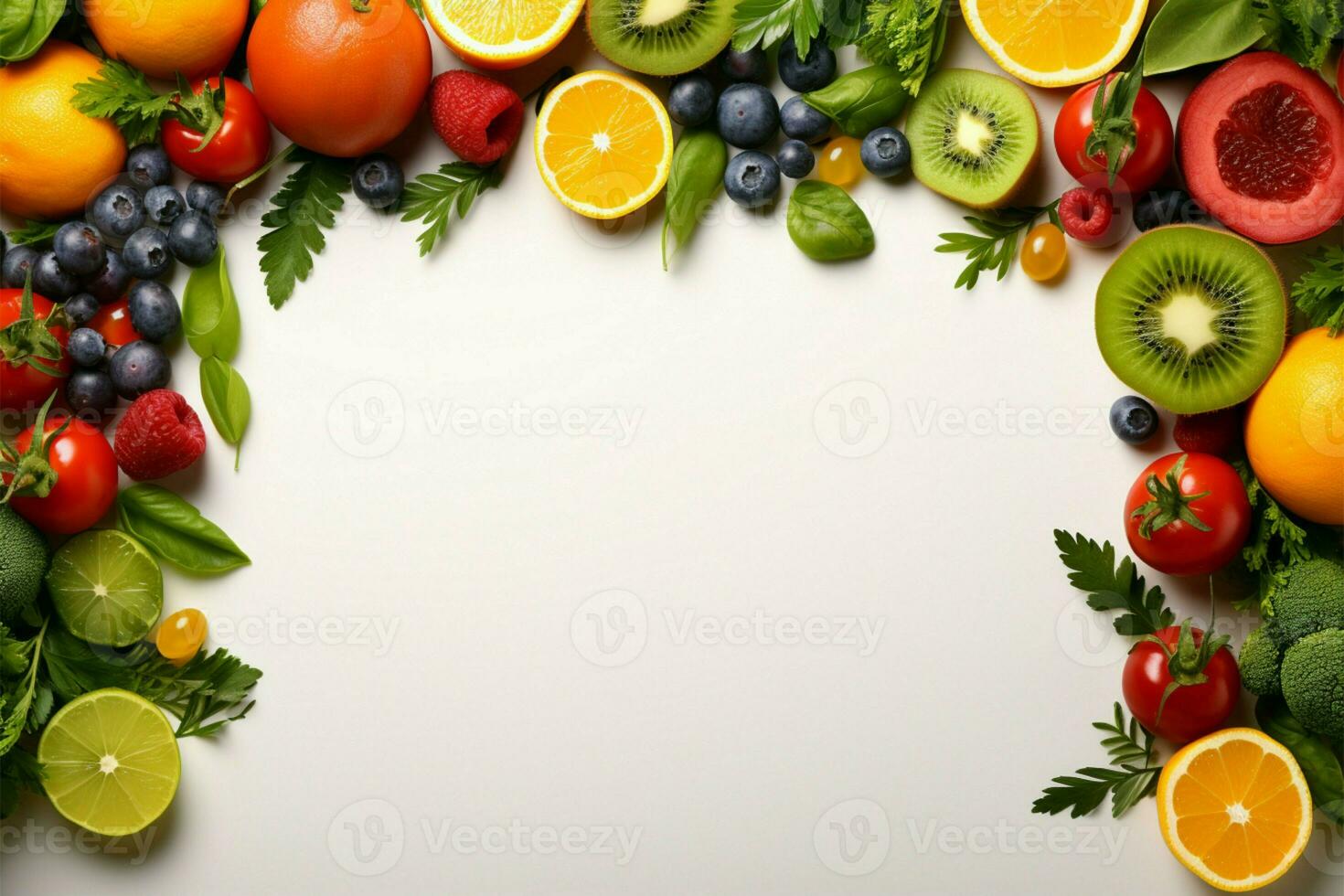 ai creazione frutta e verdura telaio su un' vivace bianca ai generato foto
