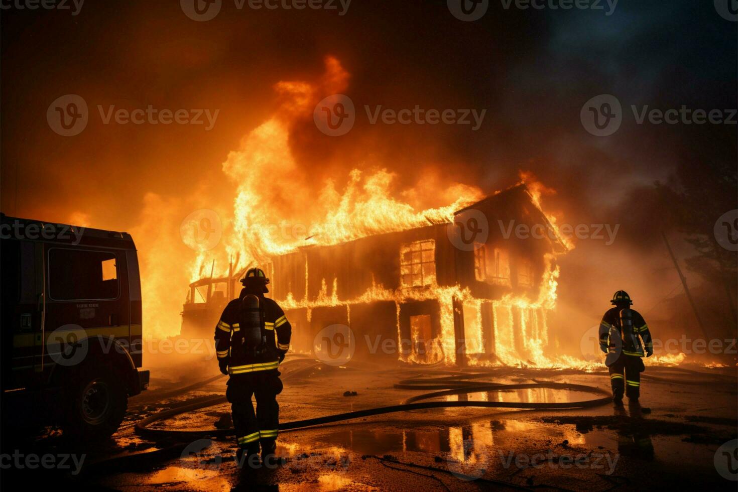 un' squadra di i vigili del fuoco combattere un' feroce Casa fuoco ai generato foto