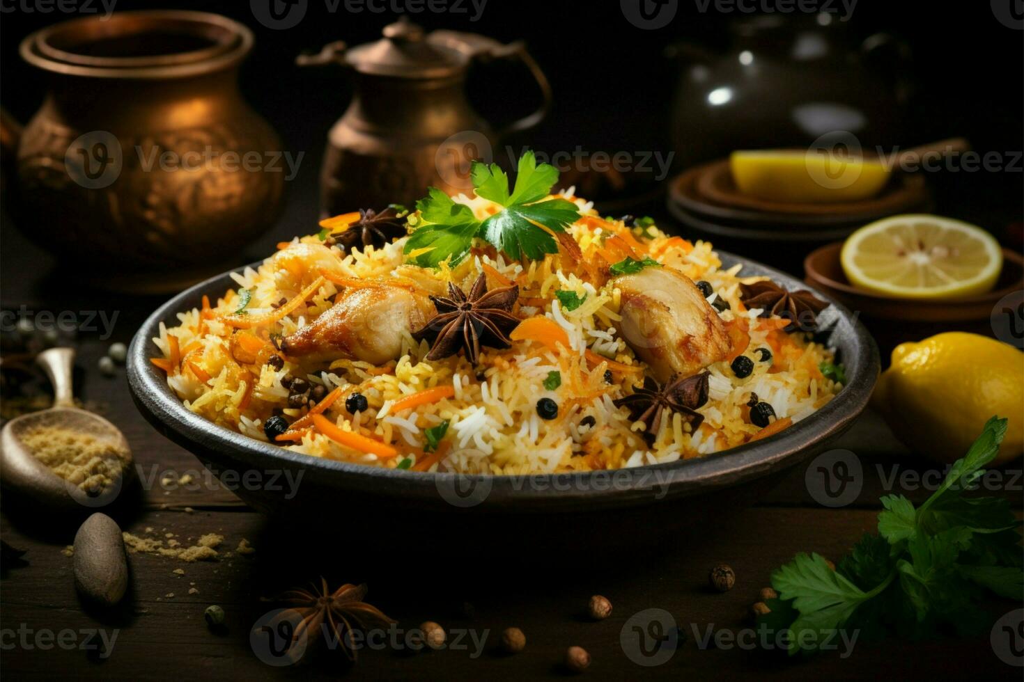 delizioso pollo biryani con un' lato di aromatico al vapore basmati riso ai generato foto