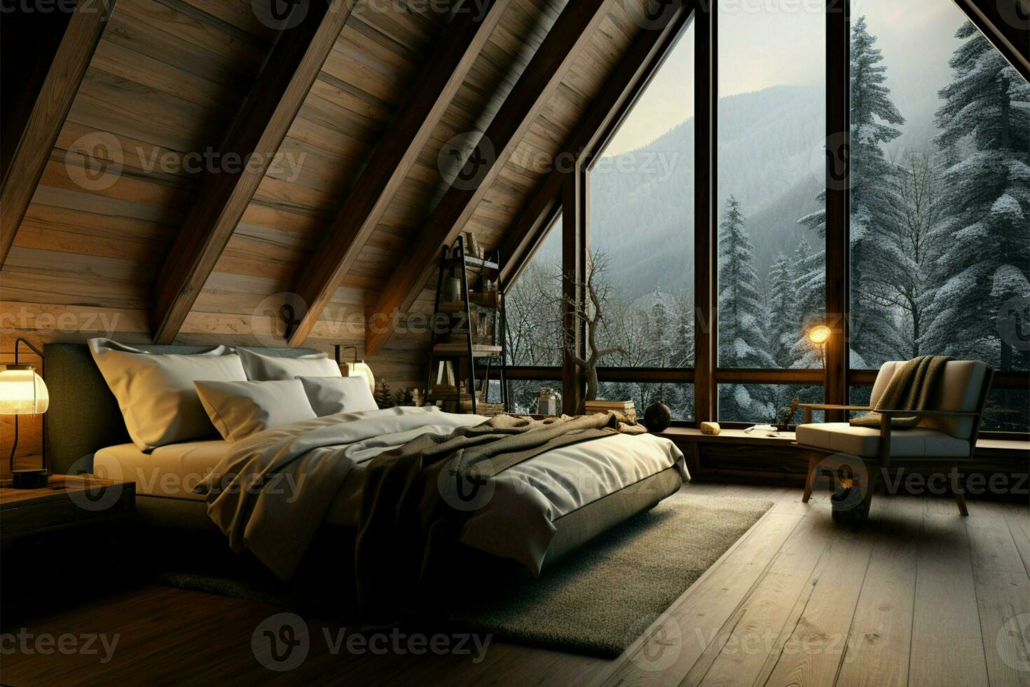 caldo e accogliente chalet Camera da letto con di legno arredamento, inverno foresta Visualizza ai generato foto