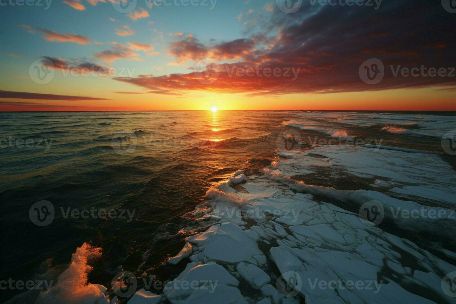 tramonto di il spiaggia, incorniciato di maestoso montagne su il orizzonte ai generato foto