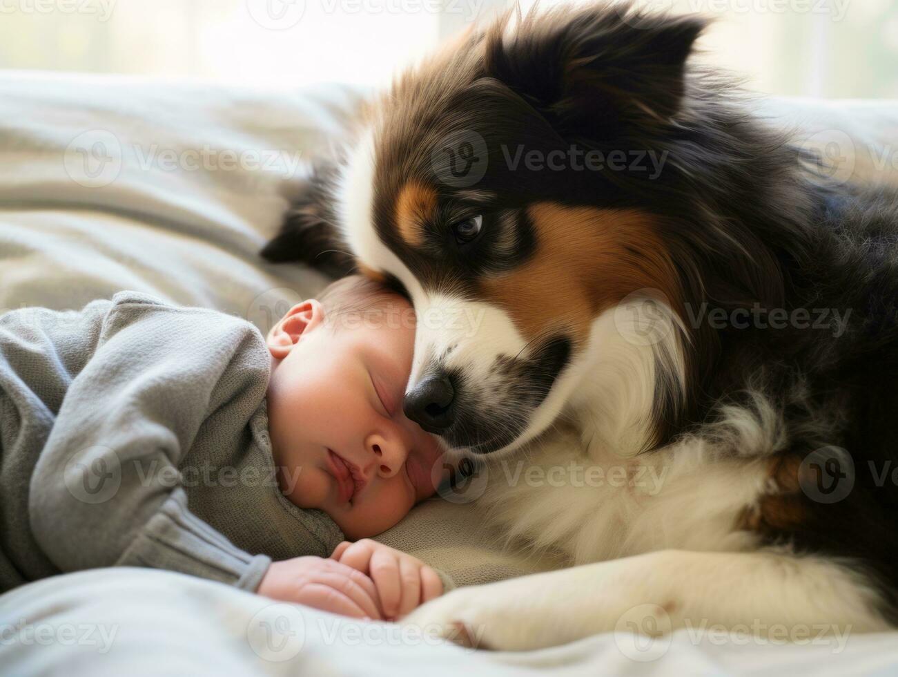 amorevole cane Strofinare il muso un' neonato bambino nel un' culla ai generativo foto