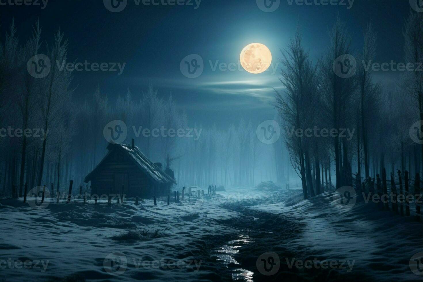spettrale chiaro di luna coperte un' congelato foresta su un' inverno notte ai generato foto