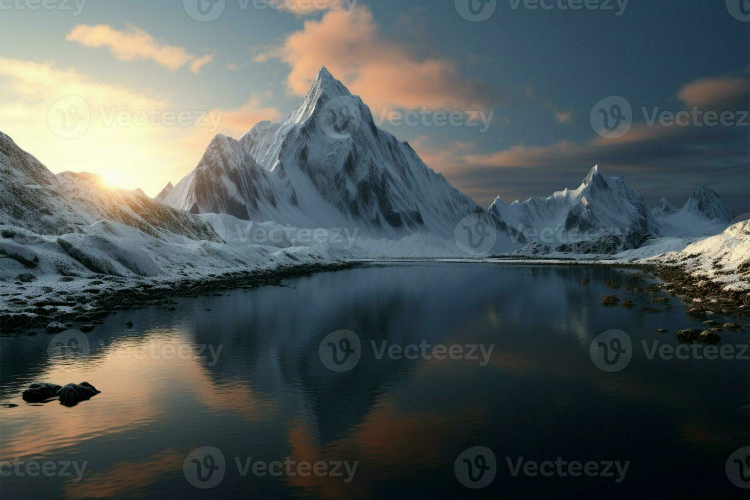 immersiva 3d visualizzazione con un' fondale di nevoso montagna panorami ai generato foto