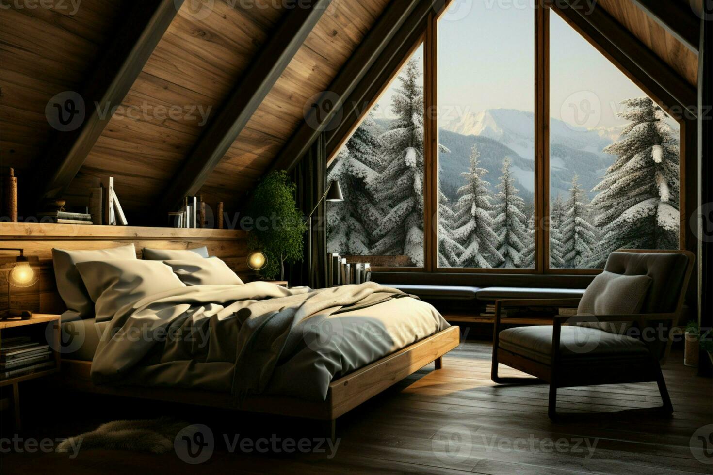 di legno chalet Camera da letto, un' accogliente e invitante inverno foresta ritiro ai generato foto