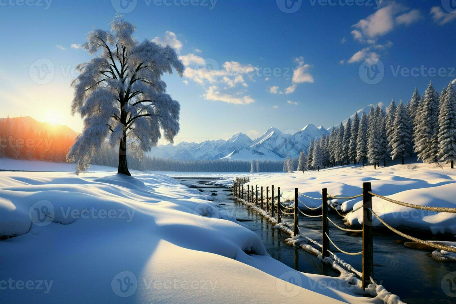 un' bellissimo inverno scena, con alberi ornato nel incontaminato, scintillante neve ai generato foto
