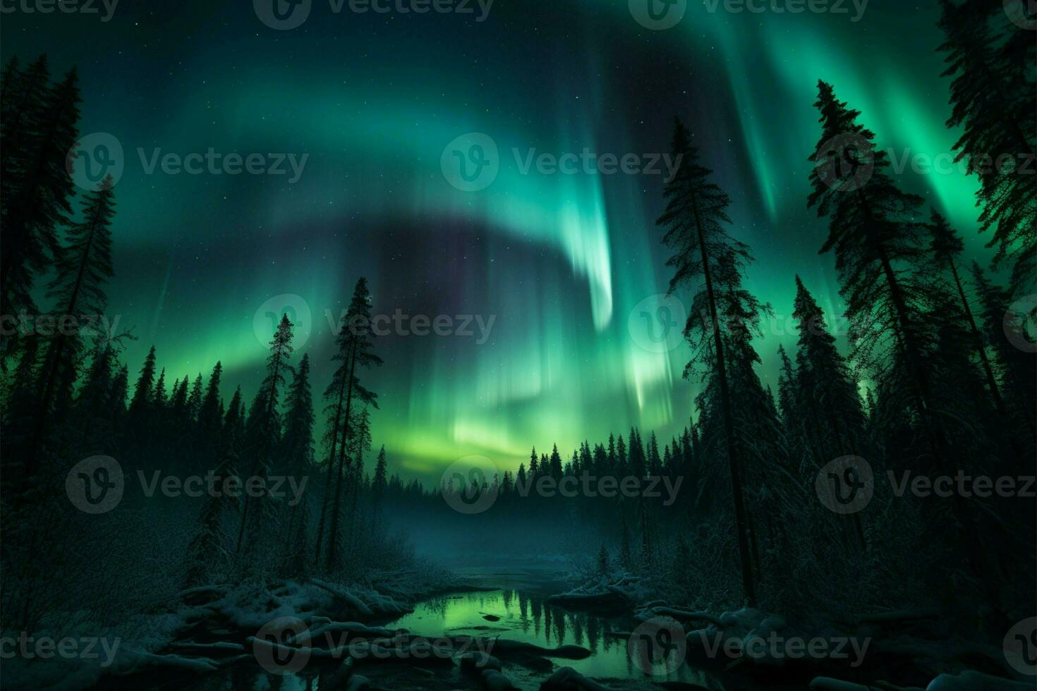 aurore verde splendore si illumina il settentrionale foresta, un' celeste meraviglia ai generato foto