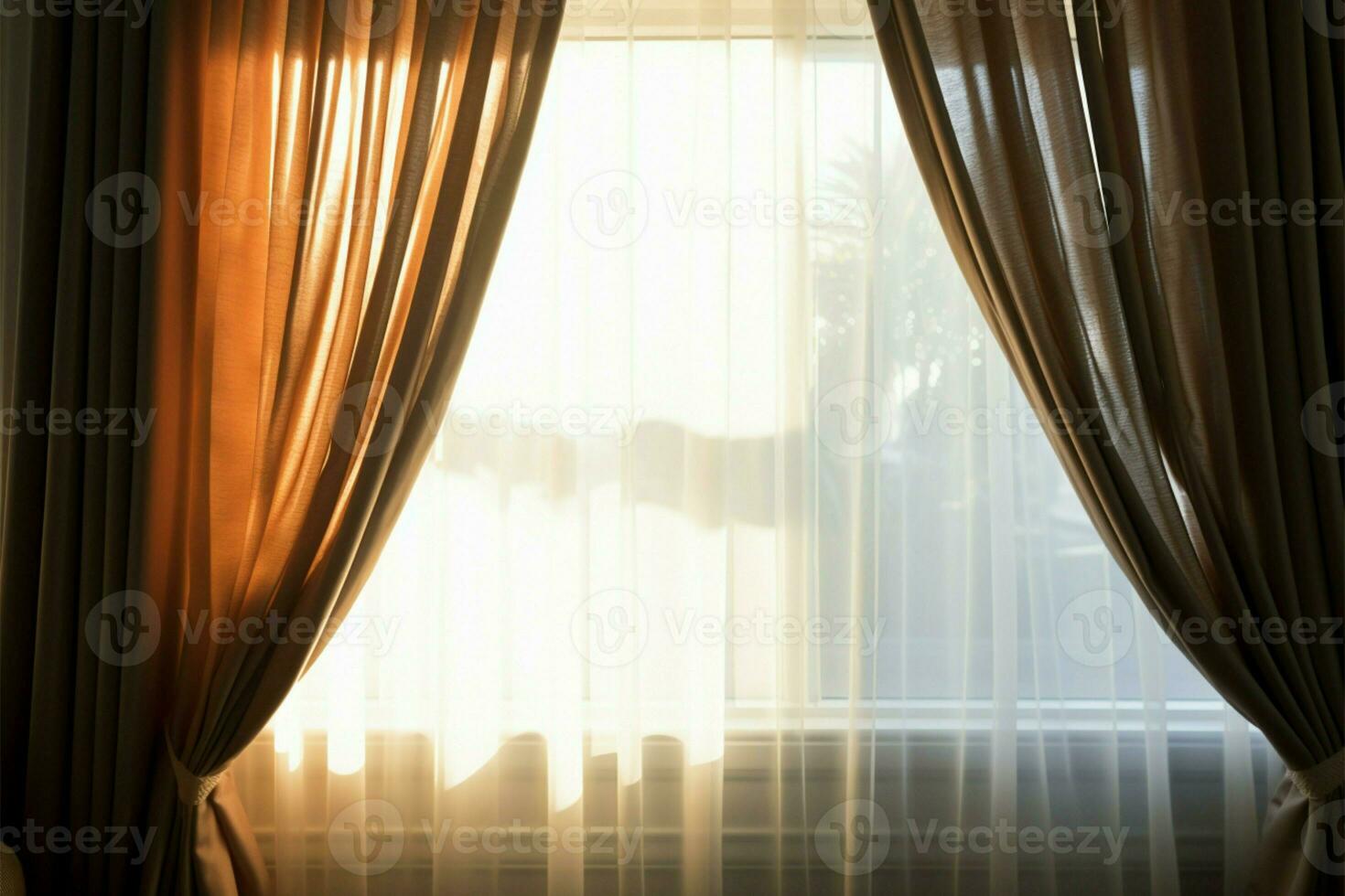 avvicinamento Visualizza di finestra e le tende nel un invitante, vuoto camera ai generato foto