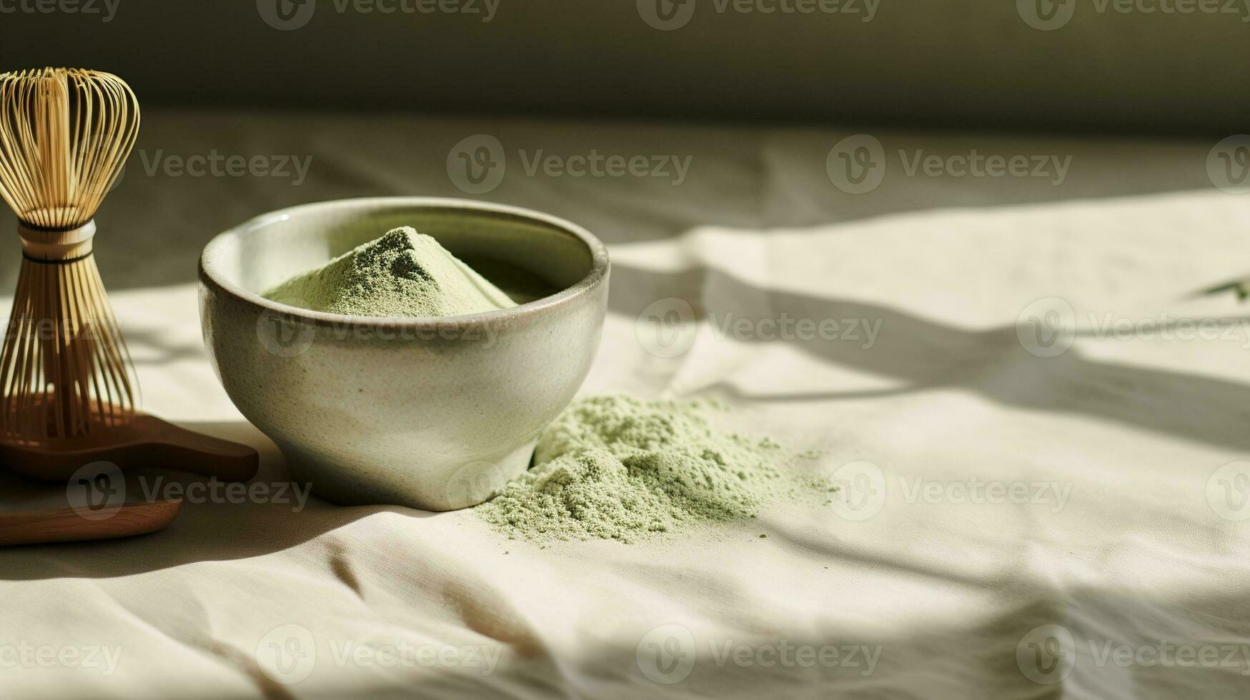 generativo ai, verde matcha tè polvere e bere, smorzato neutro colori. tradizionale giapponese tè foto