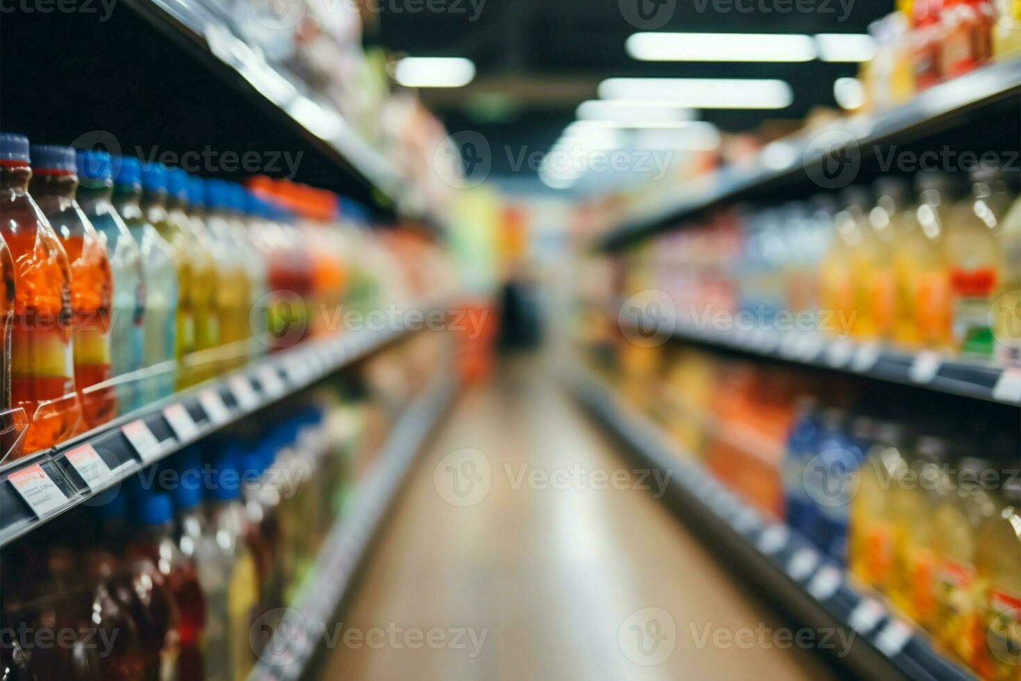 sfocato sfondo nel un' supermercato corridoio con Prodotto scaffali interno ai generato foto