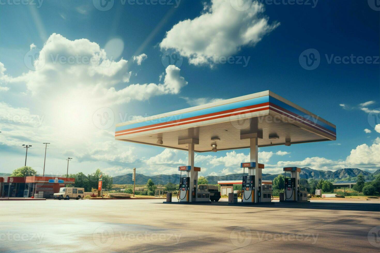 in mezzo blu cieli, un' benzina stazione sta sotto soffice nuvole ai generato foto