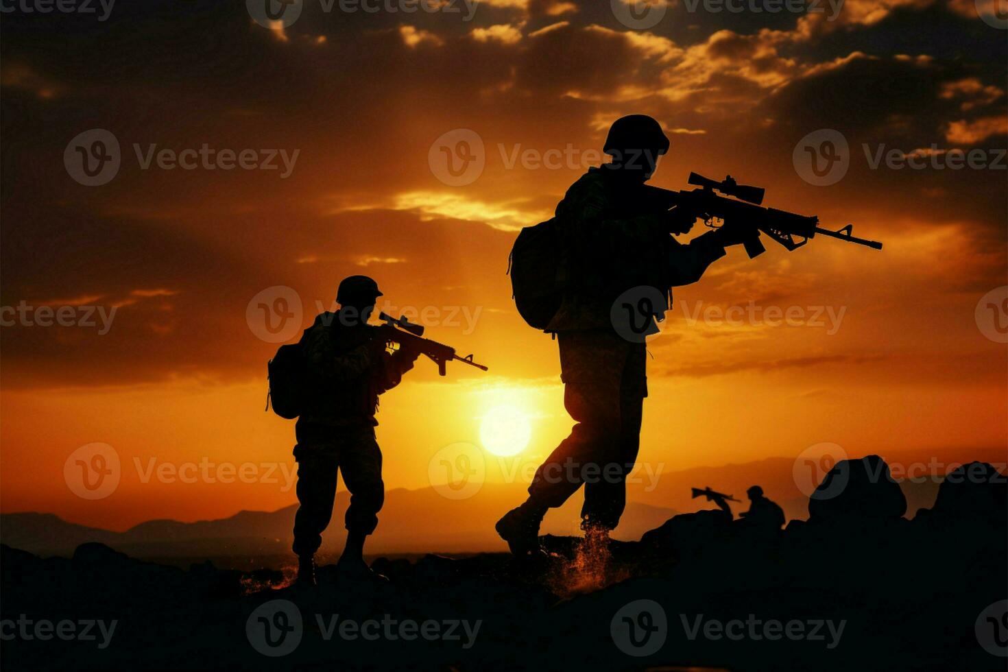 sagome di armato soldati o ufficiali a tramonto, pronto per dovere ai generato foto