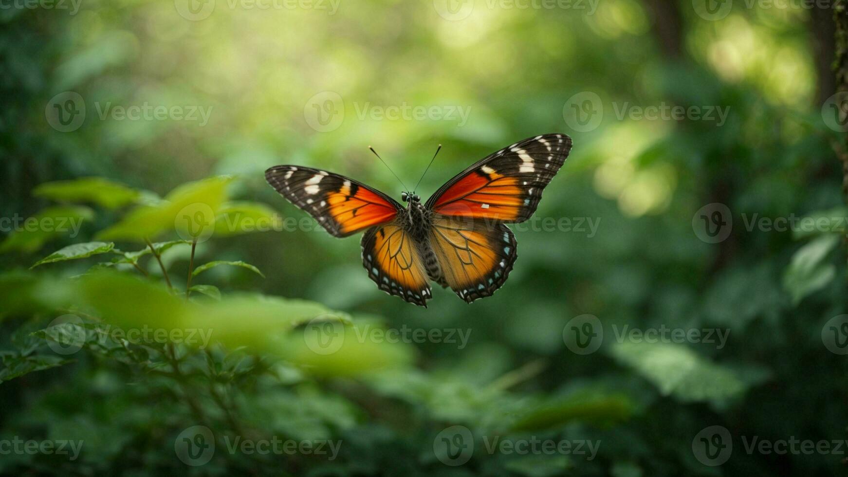 natura sfondo con un' bellissimo volante farfalla con verde foresta ai generativo foto