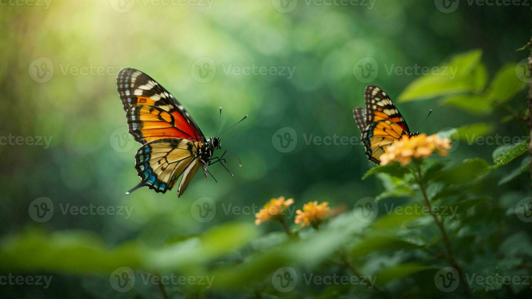 natura sfondo con un' bellissimo volante farfalla con verde foresta ai generativo foto