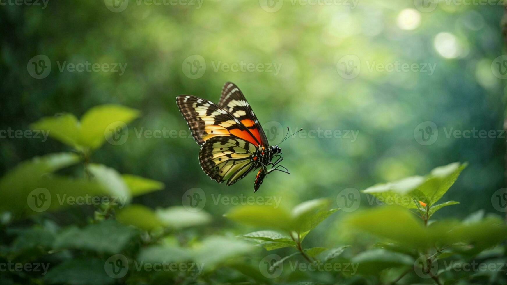 natura sfondo con un' bellissimo volante farfalla con verde foresta ai generativo foto